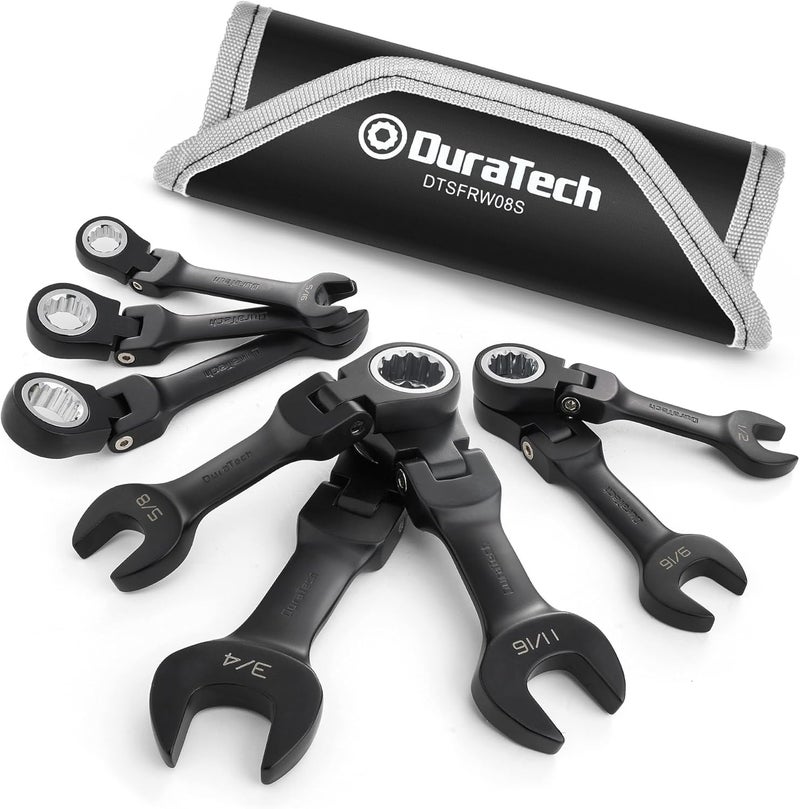 DURATECH Stubby Flex-head Ratcheting Combination Wrench Set, SAE, 8-piece, 5/16" to 3/4", CR-V Steel, Black Electrophoretic Coating, with Rolling Pouch - Image 1